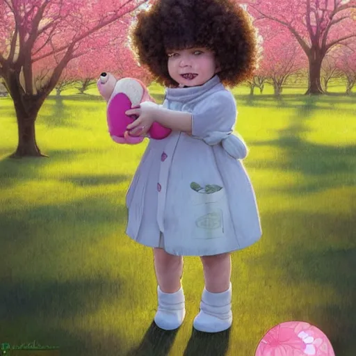 Image similar to a beautiful [[[[[happy]]]]] little blonde toddler girl with short loosely curly hair, at the park on a beautiful day, holding a round all-pink stuffed penguin, by Dan Mumford, Junji Murakami, Mucha Klimt, Hiroshi Yoshida and Craig Mullins, featured on Artstation, CGSociety, Behance HD, Deviantart