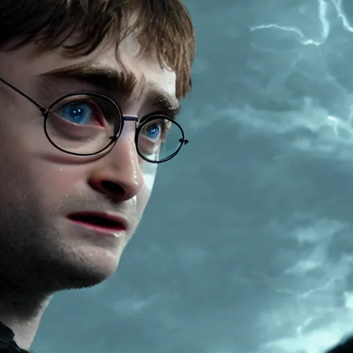 Image similar to daniel radcliffe as harry potter casting a spell at voldemort, realistic artstyle, artstation, wide shot, hd, cinematic, 8 k, 4 k