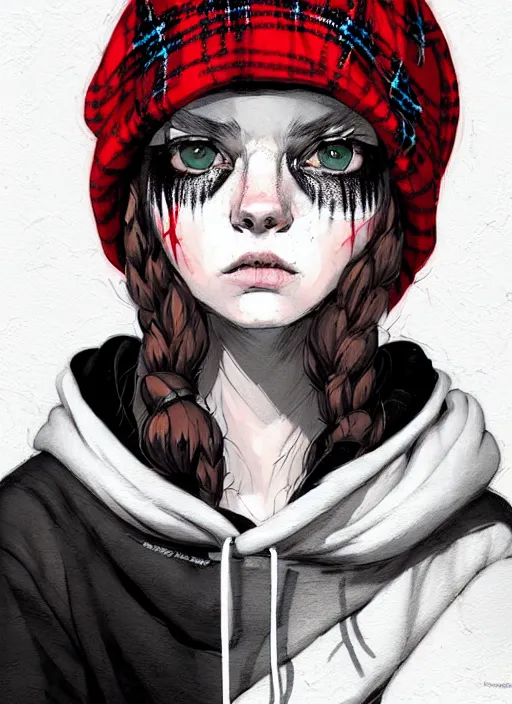 Image similar to highly detailed portrait of an new york sewer punk lady student, blue eyes, tartan hoody, hat, white hair by atey ghailan, by greg tocchini, by kaethe butcher, by james gilleard, gradient red, black, brown, cream and white color scheme, grunge aesthetic!!! ( ( graffiti tag wall ) )