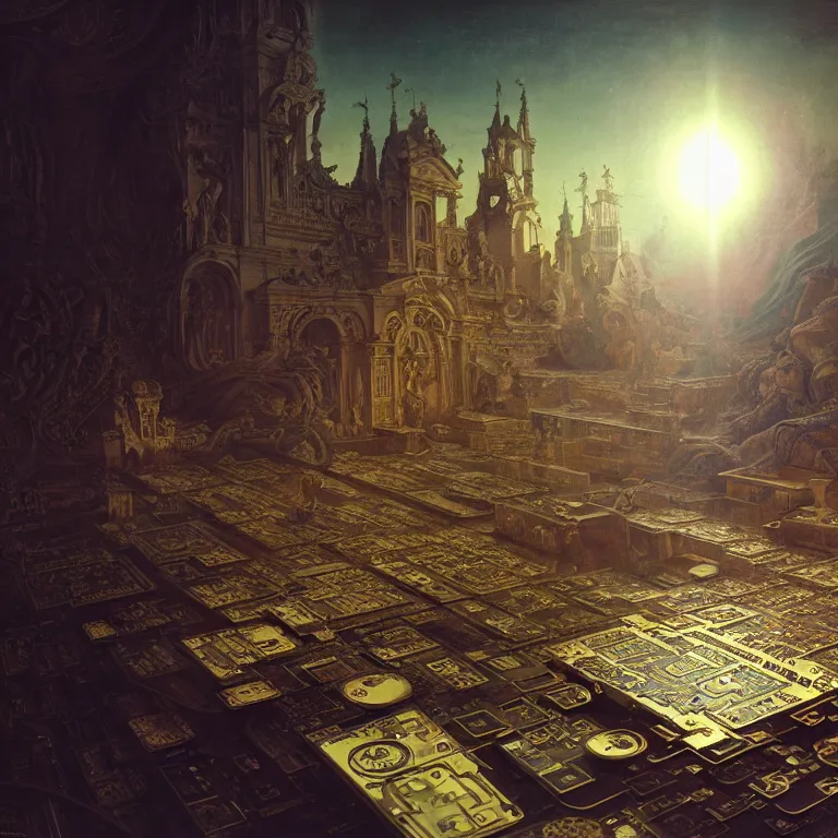 Image similar to motherboard, chip circuit, computer, dream - like atmosphere, baroque landscape painting, perfect composition, beautiful detailed intricate insanely detailed octane render trending on artstation, 8 k artistic photography, photorealistic, soft natural volumetric cinematic perfect light, chiaroscuro, award - winning photograph, masterpiece, raphael, caravaggio, greg rutkowski, beeple