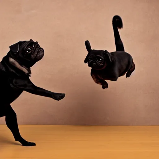 Prompt: high quality and realistic professional photo of a black pug acting as a ninja, in background beautiful japanese kung - fu scenography, photo by olivero toscani