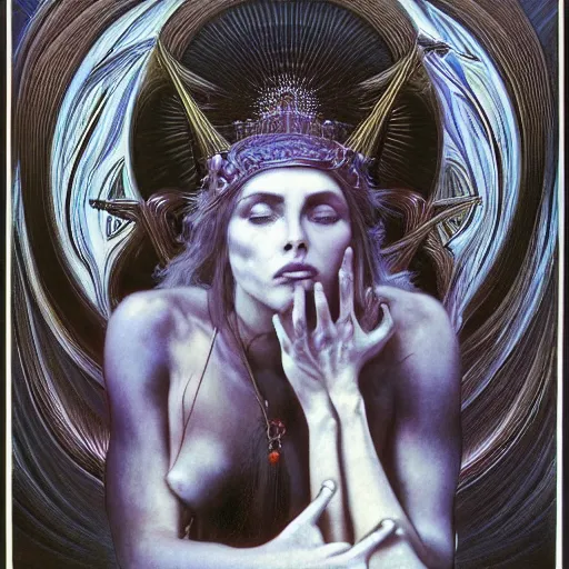 Prompt: young debbie harry as queen of jupiter by zdzisław beksinski, zaha hadid and alphonse mucha. highly detailed, hyper - real, beautiful, fractal details, complex