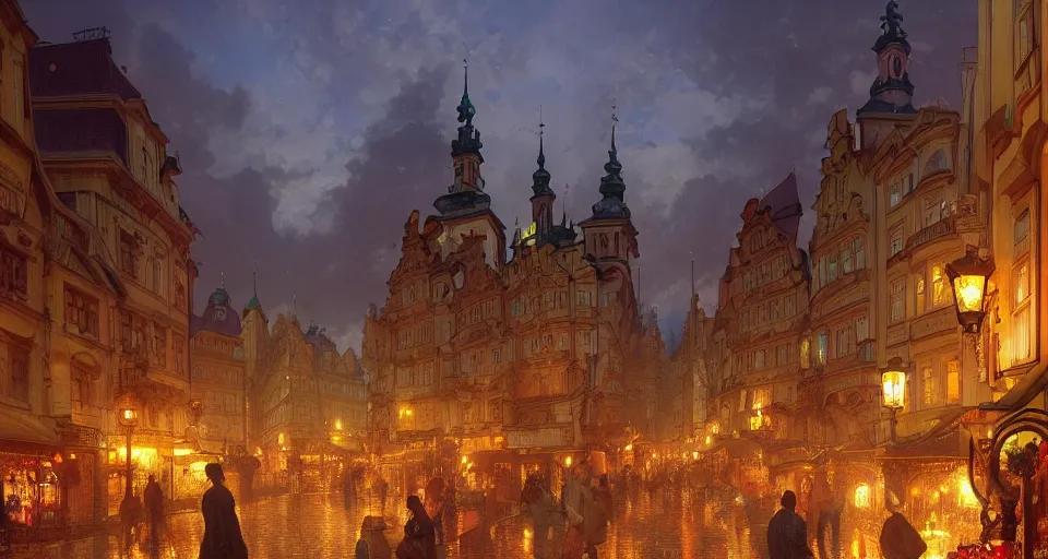 Prompt: prague art nouveau town during the lantern festival, volumetric lighting, glowing lights, 4 k, octane, digital painting, artstation, concept art, sharp focus, illustration, by john williams waterhouse, thomas kincade, donato giancola, and alphonse mucha