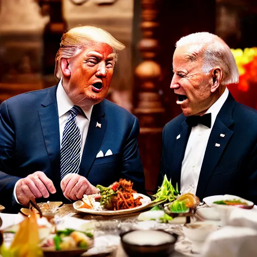 Image similar to Trump and Biden having dinner at a fancy Balinese restaurant, award winning photography, 85mm, perfect faces