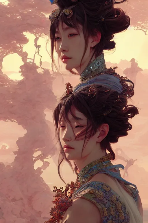 Image similar to portrait genshin characters, in ruined Atlantis Sunrise, ssci-fi and fantasy, intricate and very beautiful and elegant, highly detailed, digital painting, artstation, concept art, smooth and sharp focus, illustration, art by tian zi and WLOP and alphonse mucha