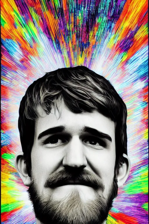 Image similar to inspirational style hope poster of bo burnham with beard by steven belledin, psychedelic colors, highly detailed, realistic, loving