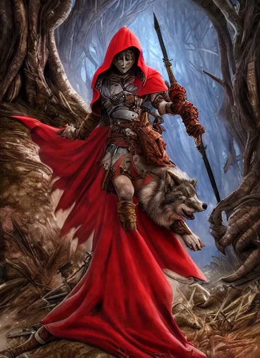 Image similar to digital _ picture _ little red riding hood, the wolf slayer _ filipe _ poles _ and _ justin _ gerard _ symmetrical _ fantasy _ very _ detailed _ realistic _ complex _ clear focus