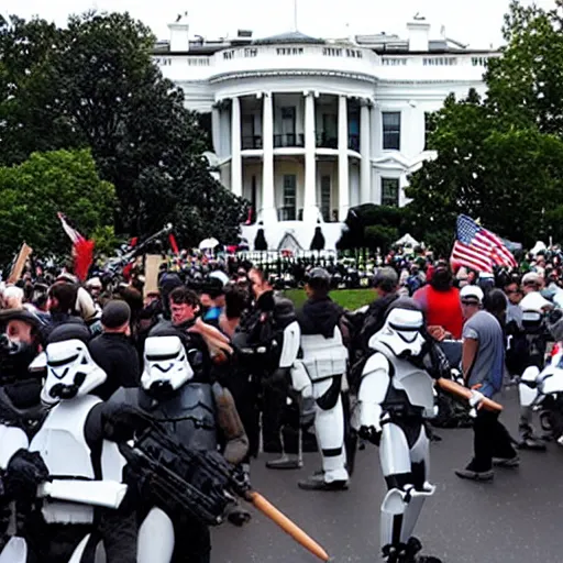 Prompt: a still of hundreds of stormtropers rioting in front of a the white house in washington.!!!, flaming torches and pitchforks