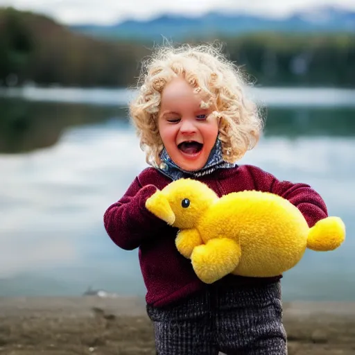 Image similar to toddler with blond wavy hair, lake, holding a duck teddy, ultra realistic, cute, laughing