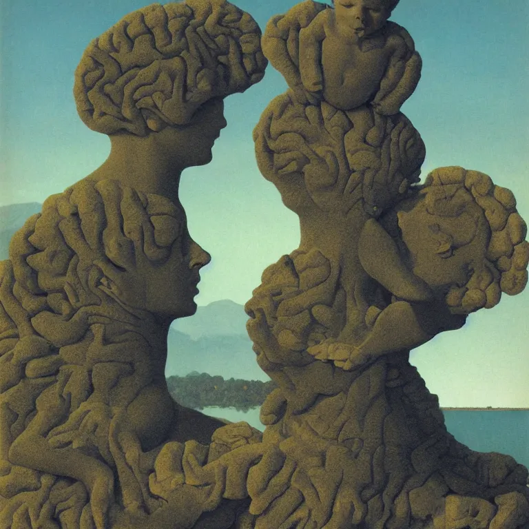 Prompt: A Monumental Public Sculpture of a 'Baby Head made of Brain Coral Facing upward' on a pedestal by the lake, surreal oil painting by Maxfield Parrish and Max Ernst shocking detail hyperrealistic!! Cinematic lighting