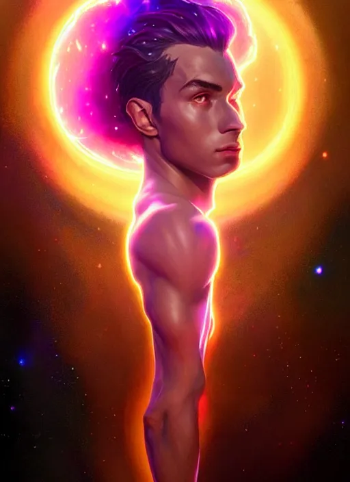 Image similar to a male faceless glowing liquefied stardust adventurer, dnd fantasy character, full body portrait, glowing neon skin, magical aura, ultra realistic, intricate, elegant, highly detailed, digital painting, artstation, smooth, sharp, focus, illustration, art by artgerm and greg rutkowski and alphonse mucha