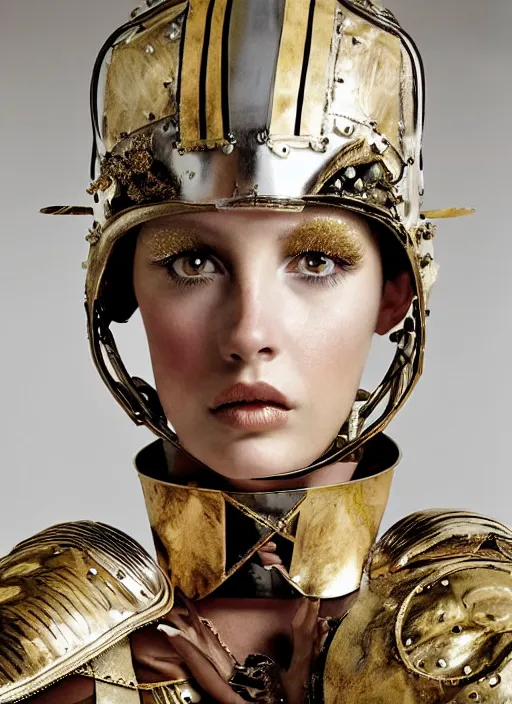 Prompt: close - up portrait of beautiful young woman dressed gladiator with metallic armor, art by tim walker