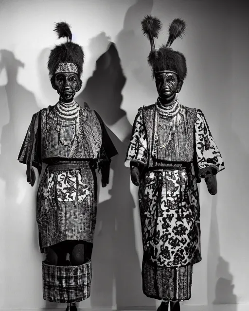 Prompt: Award winning reportage photo of Monegasque Natives traditional garb on museum Manniquins by Dian Arbus, 85mm ND 5, perfect lighting, gelatin silver process