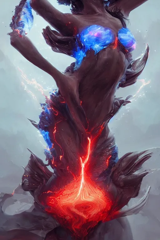 Image similar to torso closeup model wearing exploding lava dress, sorcerer, diamonds, angel, fantasy, dramatic lighting, highly detailed, digital painting, holding electricity, magic the gathering, hyper detailed, 3 d render, hyper realistic detailed portrait, peter mohrbacher, wlop, ruan jia