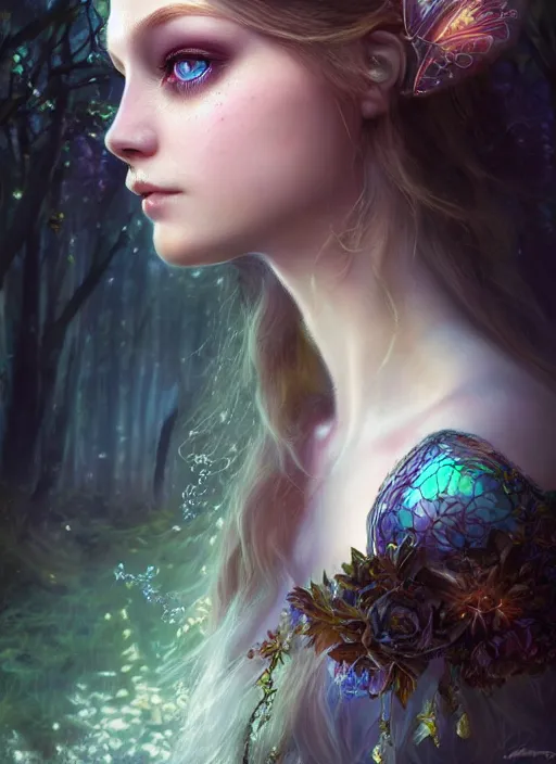 Image similar to portrait of a gorgeous fairy princess of the forest, perfect blue eyes, detailed iridescent floral pattern skin, 8k render, ultra realistic, cinematic lighting, artstation, artgerm, Seb McKinnon