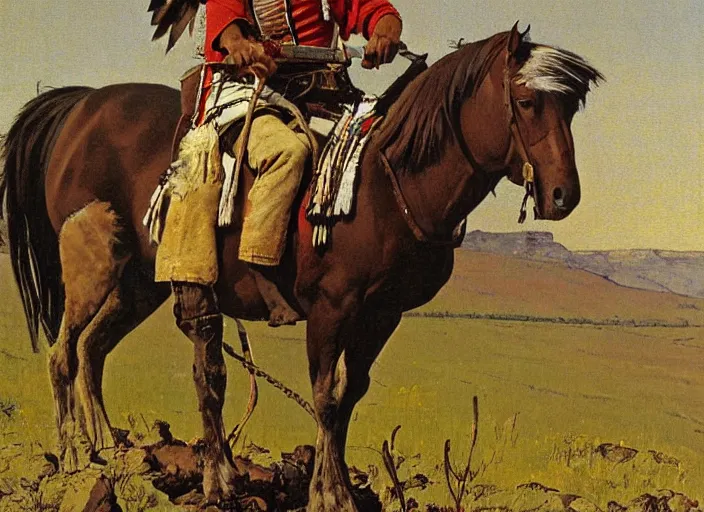 Image similar to western painting, native american sitting on horse on top of hill, wide angle, by norman rockwell