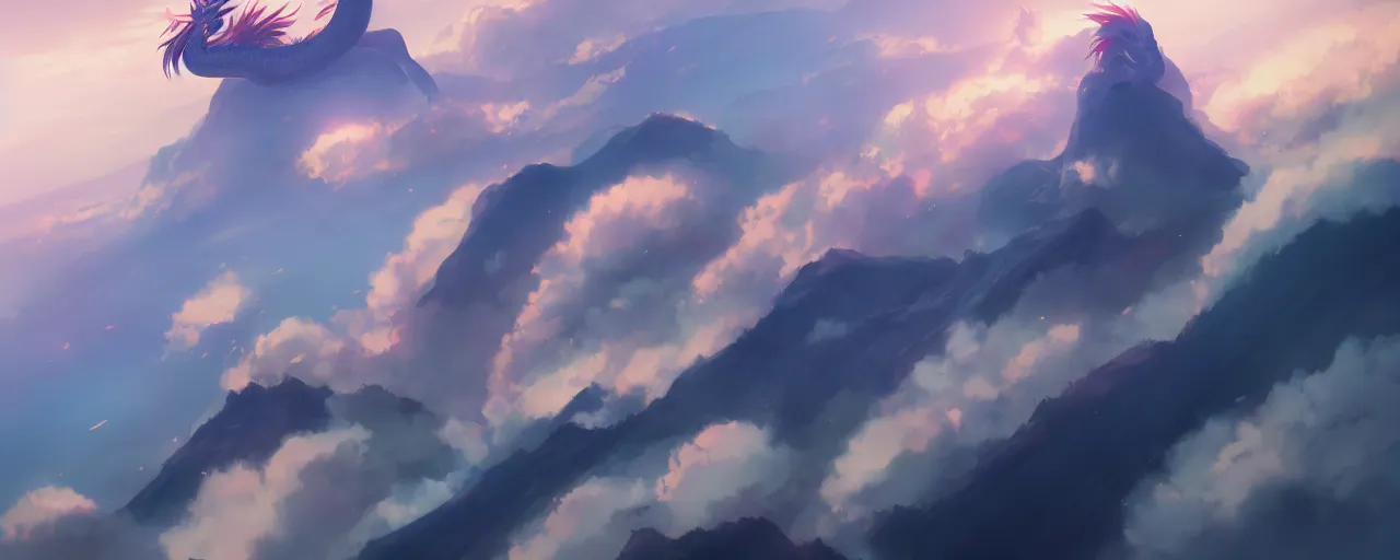 Image similar to a Chinese dragon high above the clouds by makoto shinkai, ethereal melancholy, trending on ArtStation, DeviantArt, Pixiv