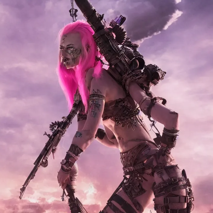 Prompt: beautiful apocalyptic woman with pink Mohawk, standing on mad max panzer tank, 4k ultra hd, fantasy dark art, tank girl, artstation, octane render