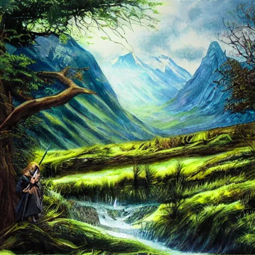 Prompt: painting lord of the rings dramatic landscape, forrest