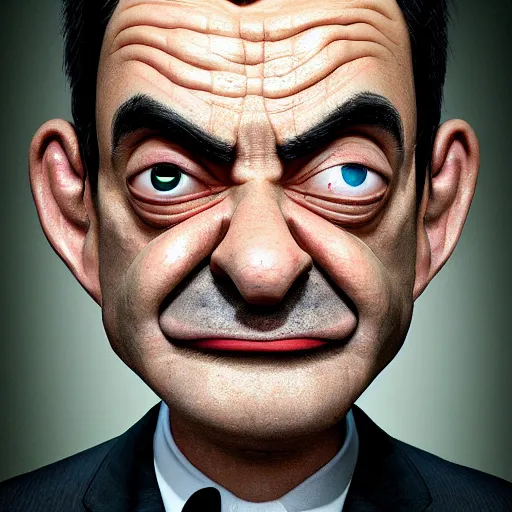 Image similar to mrbean head caricature, artgem, digital painting, color painting, hyperrealistic, concept art, oil painting, masterpiece, concept art, trending on deviantart, realistic and detailed face, highly detailed, high quality, 8 k, soft lighting, fancy colors, fantasy, cinematic, high coherence