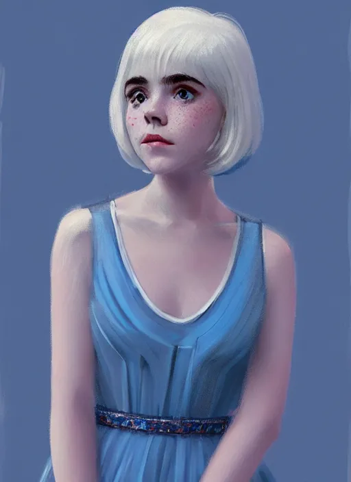 Image similar to portrait of kiernan shipka with freckles, white hair, 1 9 6 0 s bob hairstyle with bangs and hairband, blue 1 9 6 0 s dress, intricate, elegant, glowing lights, highly detailed, digital painting, artstation, concept art, smooth, sharp focus, illustration, art by wlop, mars ravelo and greg rutkowski