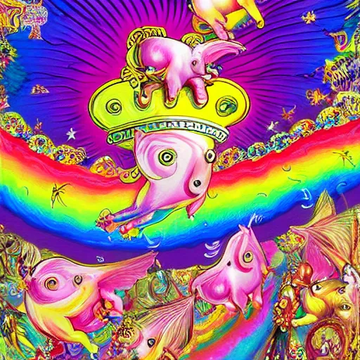 Image similar to lisa frank flying pigs wearing a gold crown painting by android jones