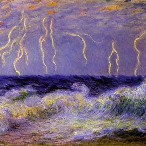 Image similar to a stormy sea with large waves and lightning in the sky, oil painting, impressionist, monet