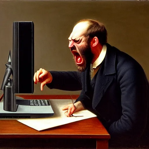 Image similar to an angry man yells at his computer monitor, oil on canvas, 1 8 8 3, highly detailed