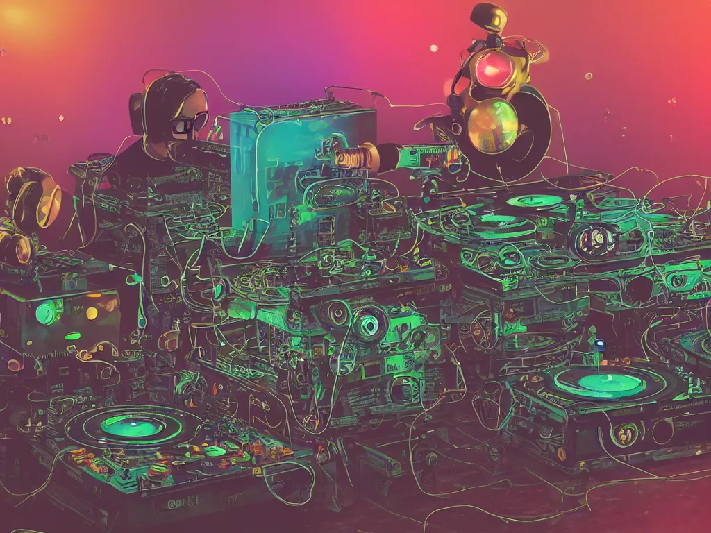 Prompt: a person wearing goggles and visor and headphones using a steampunk record player contraption, wires and tubes, turntablism dj scratching, intricate planetary gears, cinematic, imax, sharp focus, leds, bokeh, iridescent, black light, fog machine, hazy, lasers, art by simon stalenhag and beeple