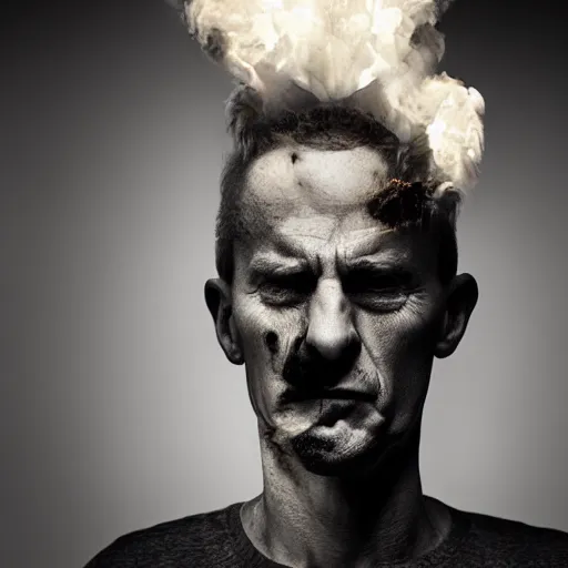 Image similar to annie liebowitz photo of a man who's head is turning into a puff of smoke