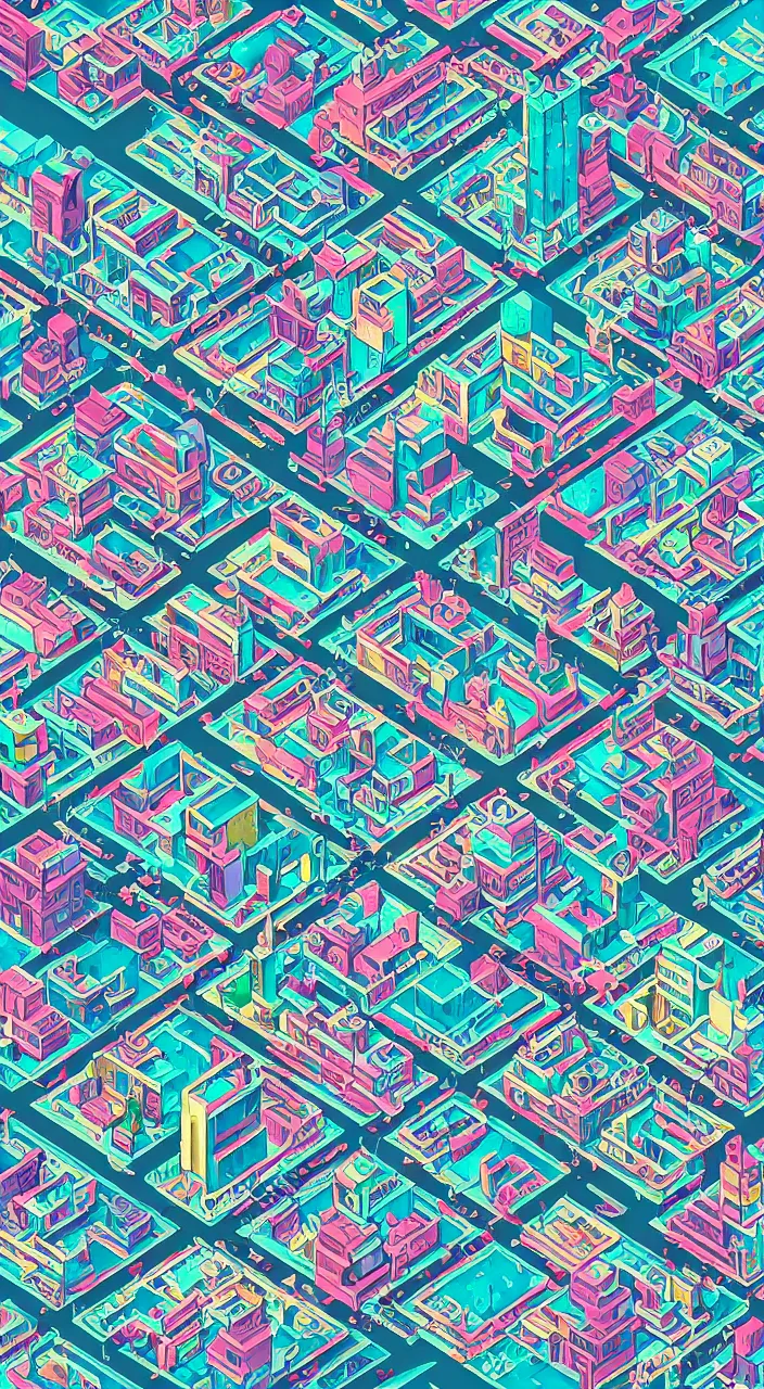 Image similar to isometric drawing of a fictional dense city, in style of charles williams, rem koolhaas, peter eisenman, cool color palette