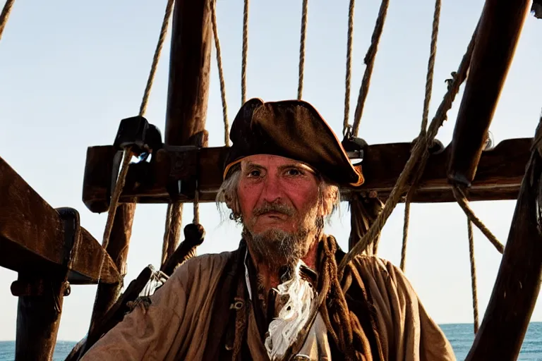 Image similar to closeup old pirate on an old pirate ship, by emmanuel lubezki