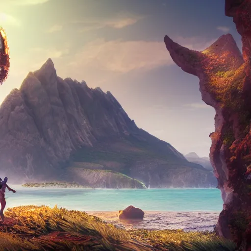 Prompt: A highly detailed island with a person staring at a titan creature infront of them, surreal, 4k, nature, sunshine, mountains, cliff, with multiple titans approaching from afar