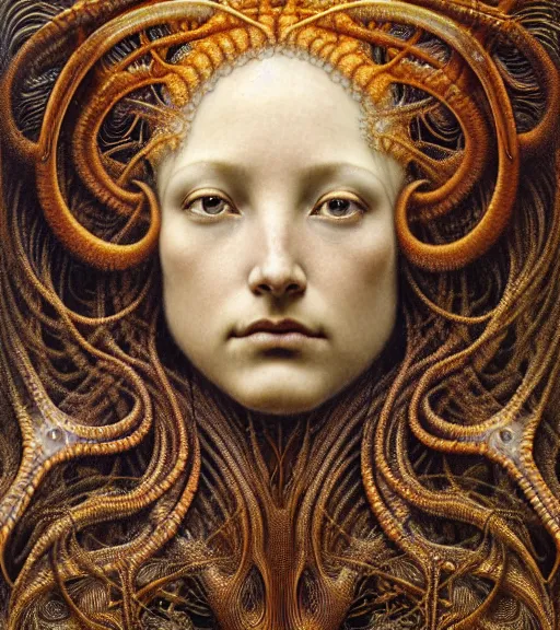 Prompt: detailed realistic beautiful amber goddess face portrait by jean delville, gustave dore, iris van herpen and marco mazzoni, art forms of nature by ernst haeckel, art nouveau, symbolist, visionary, gothic, neo - gothic, pre - raphaelite, fractal lace, intricate alien botanicals, biodiversity, surreality, hyperdetailed ultrasharp octane render