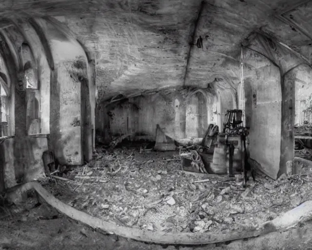 Image similar to camera footage of a group of soldiers in an abandoned church, high exposure, dark, monochrome, camera, grainy, CCTV, security camera footage, timestamp, zoomed in, fish-eye lense,