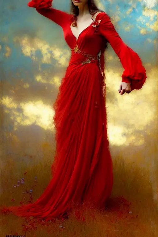 Image similar to a full body portrait of a good - lookiung girl wearing red gown, high detail, cleary see face, by gaston bussiere, bayard wu, greg rutkowski, odd nerdrum, maxim verehin, dan dos santos, masterpiece, sharp focus, cinematic lightning