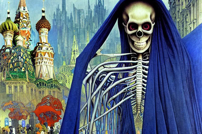 Image similar to realistic detailed closeup portrait painting of a single skeleton wearing a cape in a crowded futuristic moscow street by Jean Delville, Amano, Yves Tanguy, Alphonse Mucha, Ernst Haeckel, Edward Robert Hughes, Roger Dean, rich moody colours, blue eyes