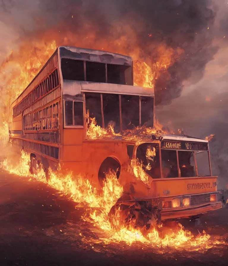 Prompt: a beautiful hyperrealistic detailed 3D render of a burning school bus, by Anton Otto Fischer, Atey Ghailan, genzoman, unreal engine, octane render, gigantic, 3D, brilliantly coloured, intricate, ultra wide angle, trending on artstation, embers, smoke, dust, dusk, volumetric lighting, HDR, polished, micro details, ray tracing, 8k