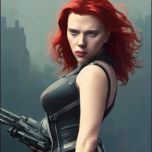 Prompt: Scarlett Johansson as the Black Widow, intricate, highly detailed, digital painting, artstation, concept art, sharp focus, illustration, art by greg rutkowski and alphonse mucha
