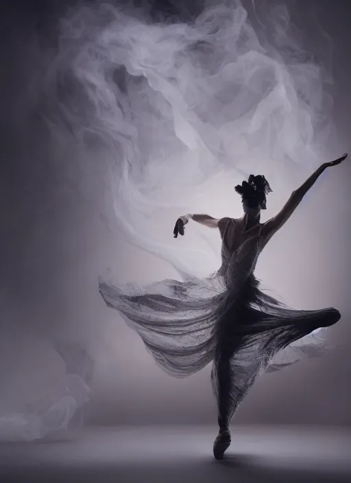 Image similar to a Photorealistic dramatic hyperrealistic render of a glamorous beautiful Female smoke dancer by Ken Brower and Deborah Ory of NYC Dance project,Lois Greenfield,Flowing cloth and smoke,Beautiful dynamic dramatic dark moody lighting,volumetric,shadows,cinematic atmosphere,Octane render,8K