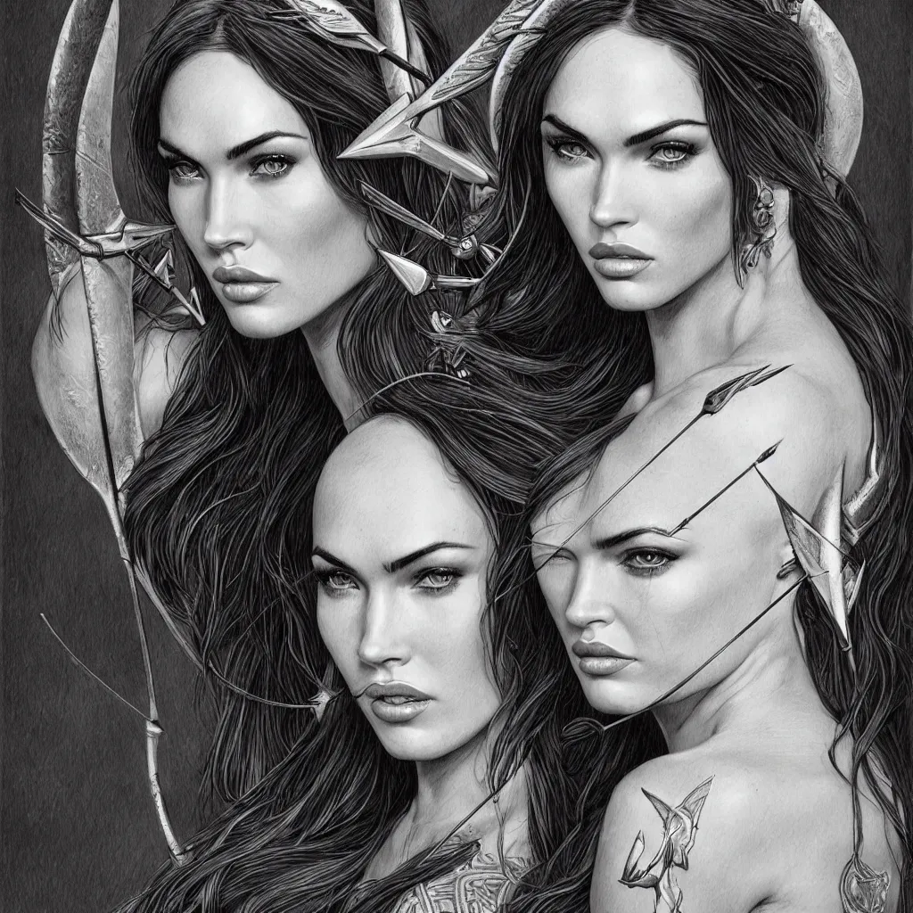 Image similar to portrait of beautiful megan fox as greek goddess aphrodite, archer, arrow on the head, beautiful piercing eyes, flowing blonde hair, realistic face, black and white drawing, in the style of greg rutkowski, fantasy, amazing detail, epic, intricate, elegant, smooth, sharp focus