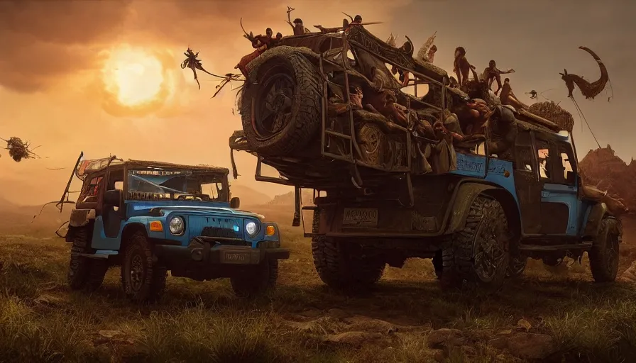 Prompt: Mahindra thar, tribe members attacking, action scene, an epic fantasy, dramatic lighting, cinematic, establishing shot, extremely high detail, photorealistic, cinematic lighting, tending on artstation, solarpunk, matte painting, octane render, by simon stalenhag, horizon forbidden west