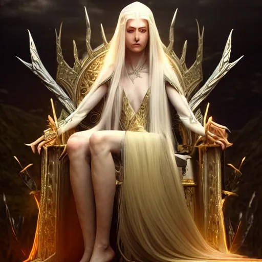 Image similar to tall elven queen sitting on the throne, long white hair, pale skin, golden coloured eyes, stunning 3 d render inspired art by greg rutkowski and xiang duan and thomas eakes, realistic, highly detailed attributes and atmosphere, dim volumetric cinematic lighting, 8 k octane detailed render, post - processing, masterpiece,