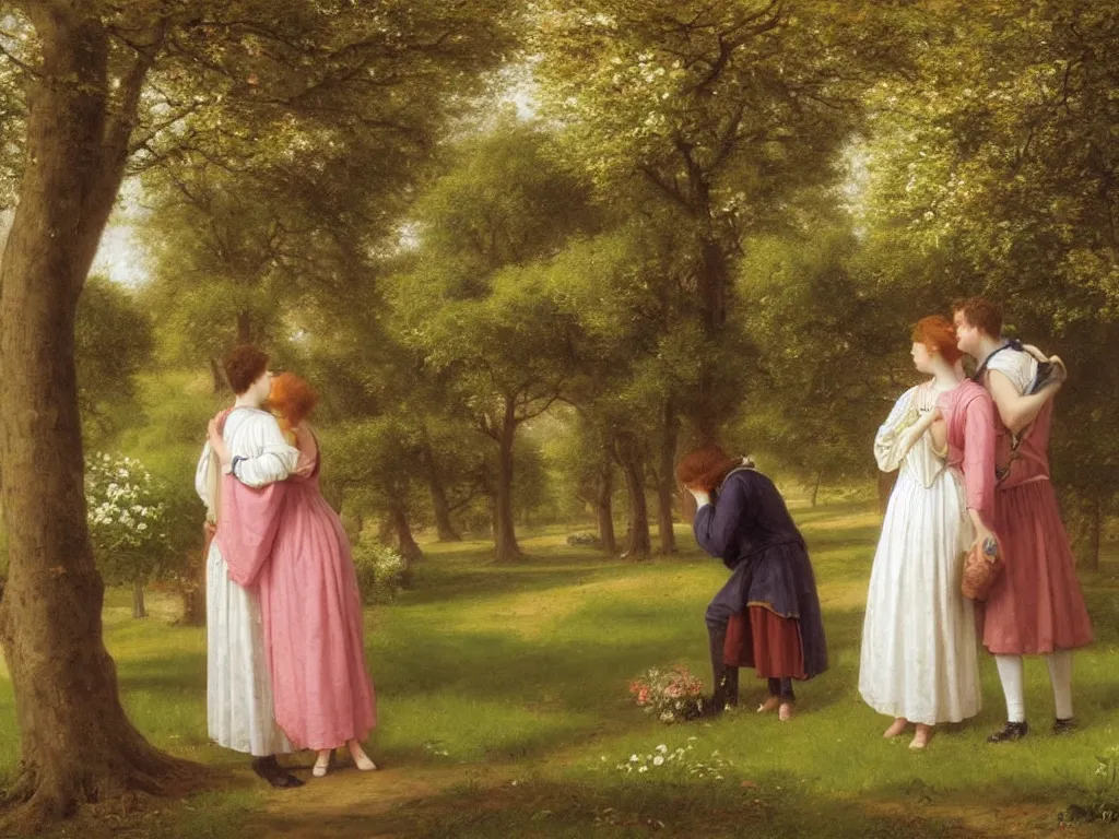 Image similar to a shy young couple have a secret rendezvous in a park : : springtime, in the style of edmund blair leighton