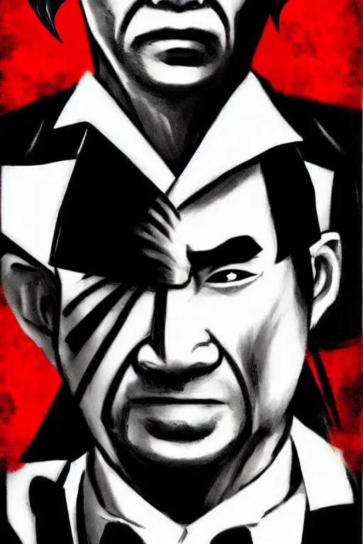 Prompt: chinnese mafia, with black suit and red tissue, some of leader have dragon tatto. digital art, concept art, pop art, bioshock art style, accurate, detailed, gta chinatown art style, dynamic, face features, body features, proportional, ultra realistic, smooth, sharp focus, art by richard hamilton and mimmo rottela