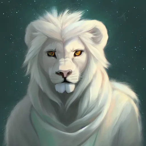 Image similar to aesthetic portrait commission of a albino male furry anthro lion wearing a cute mint colored cozy soft pastel winter outfit, winter Atmosphere. Character design by charlie bowater, ross tran, artgerm, and makoto shinkai, detailed, inked, western comic book art, 2021 award winning painting