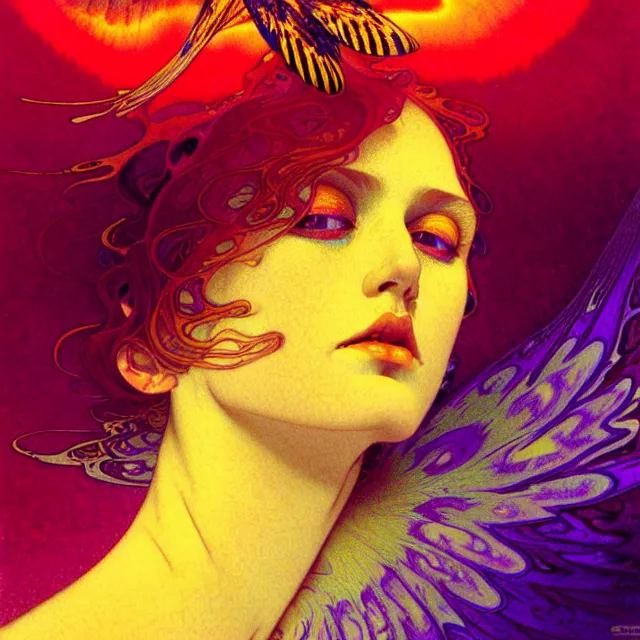 Image similar to psychedelic transcendent freckled sunburnt face mind bending psychedelic wings of glossy liquid honey flowing like kaleidoscopic translucent indigo, lsd feathers, honey wind, enlightenment, high contrast dappled lighting, refracted sunset, highly detailed, concept art, art by collier, albert aublet, krenz cushart, artem demura, alphonse mucha