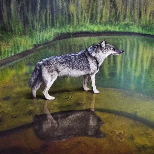 Image similar to a wolf looks at his reflection in a pond and sees a human face instead of himself, pov is behind the wolf, New Realism