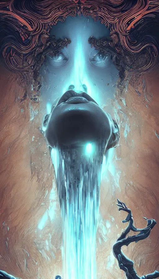 Image similar to scream, waterfalls from the eyes, fame of thrones, lord of daggers, neon, fibonacci, sweat drops, insane, intricate, highly detailed, digital painting, artstation, concept art, smooth, sharp focus, illustration, Unreal Engine 5, 8K, art by artgerm and greg rutkowski and alphonse mucha