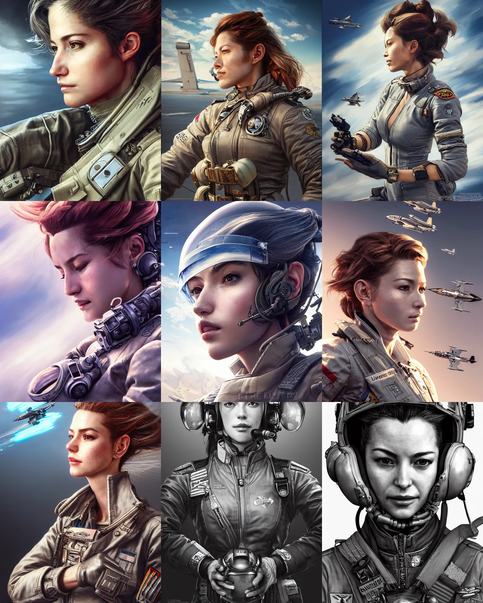 Prompt: the portrait of stunning female fighter jet pilot absurdly beautiful, gorgeous, elegant, in cockpit, an ultrafine hyperdetailed illustration by kim jung gi, irakli nadar, artgerm, intricate linework, octopath traveler, final fantasy, unreal engine 5 highly rendered, global illumination, radiant light